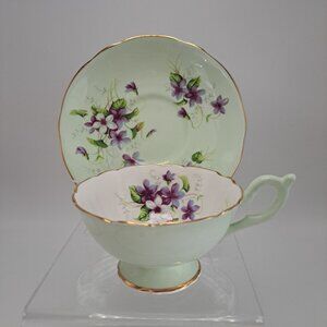 Grafton Bone China Teacup & Saucer Set Purple Flowers Gold Trim England Vintage